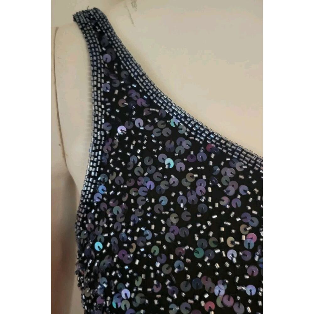 Scala Formal Dress 100% Silk Sz. S Navy Blue Beaded One Shoulder Lattice Back - Picture 6 of 14
